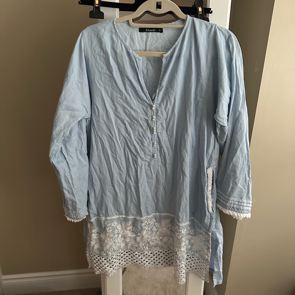 2/$10 adorable blue and white cover up with pearls and lace